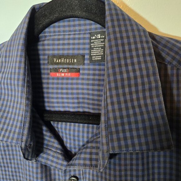 Men's VAN HEUSEN FLEX NO-IRON STRETCH DRESS SHIRT LARGE 18-18.5 Dark Blue Check - Picture 2 of 7